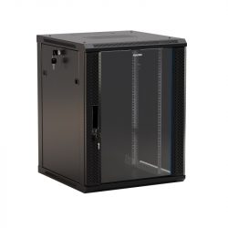 Шкаф настенный Hyperline TWB-1566-GP-RAL9004 19-дюймовый (19″), 15U, 775×600х600, стеклянная дверь с перфорацией по бокам, ручка с замком, цвет черный
