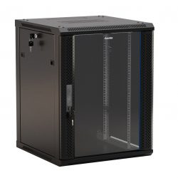 Шкаф настенный Hyperline TWFS-1245-GP-RAL9004, 19-дюймовый (19″), 12U, 650×600х450мм, стеклянная дверь с перфорацией по бокам, ручка с замком, цвет черный
