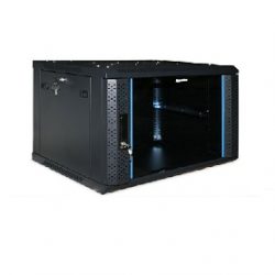 Шкаф настенный Hyperline TWFS-0666-GP-RAL9004, 19-дюймовый (19″), 6U, 367×600х600мм, стеклянная дверь с перфорацией по бокам, ручка с замком, цвет черный